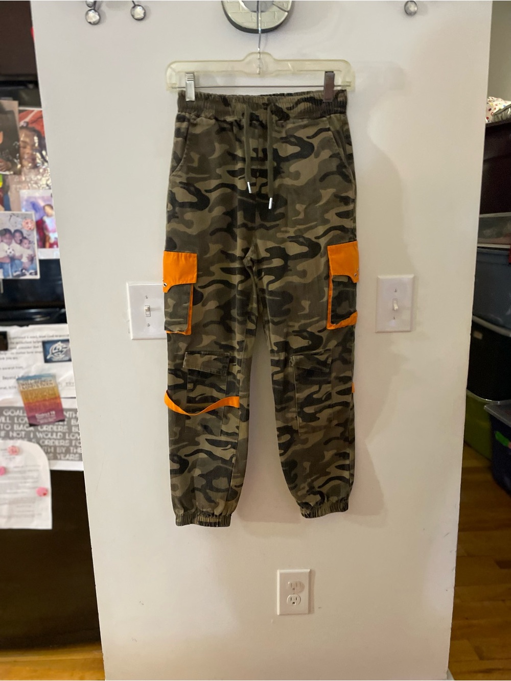 Camo Cargo Joggers with Orange Accent - Size L